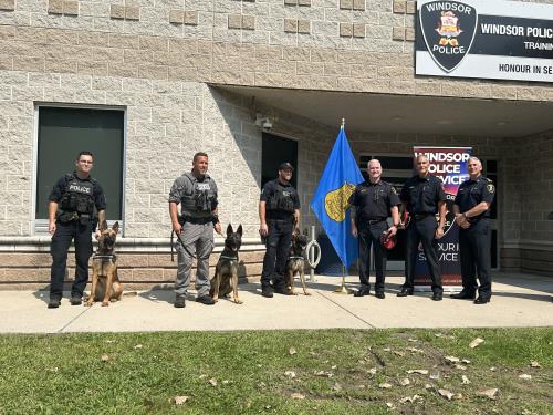 Photograph of police dogs and officers.
